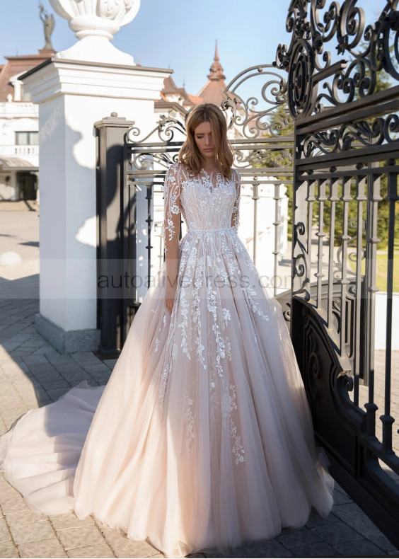 Long Sleeves Beaded Lace Tulle Unique Wedding Dress Long Sleeves Beaded Lace Tulle Unique Wedding Dress